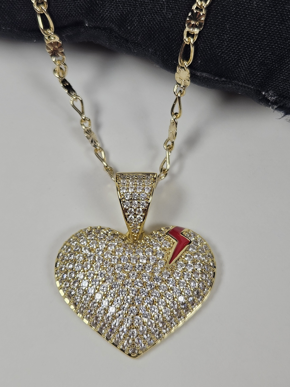 Gold Pave Heart Pendant Necklace with Red Lightning Accent